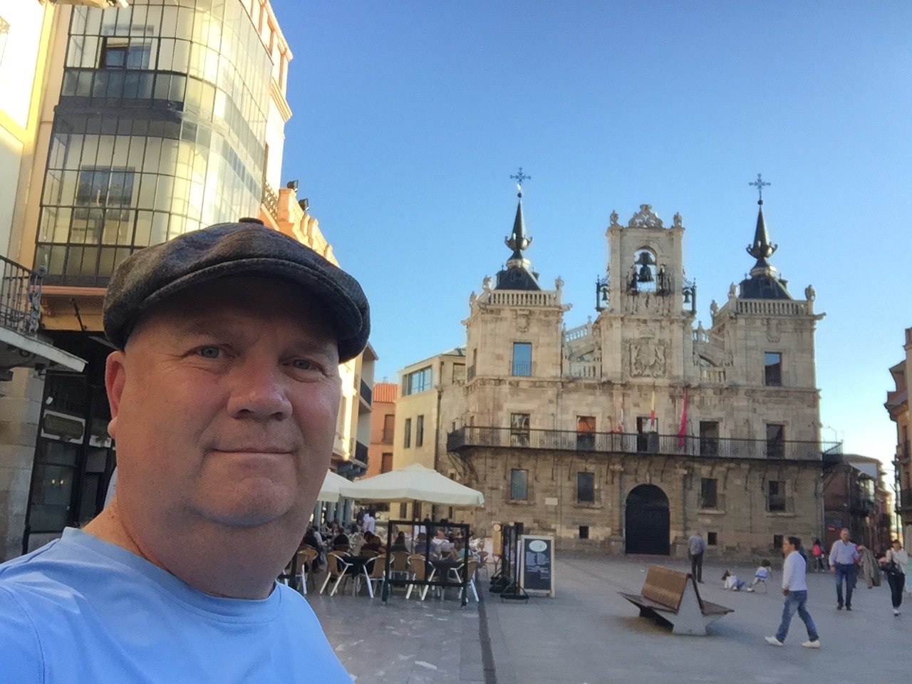 Enjoying time in the square at Astorga. We got a hotel that night. So nice to have clean sheets and towels. Plus, I'm sporting gentleman's cap I couldn't resist in Burgos. My one big splurge for 60 euros.